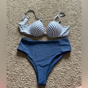 Blue striped bikini mid rise bottoms